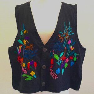 VTG Chico's Embroidered Cotton Vest Womens XL Boho Handwoven Colorful Jungle